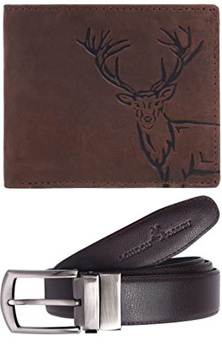 LONDON ALLEY ELK Vintage Brown Leather Wallet & Black/Brown Reversible Belt Combo Gift Box for Men