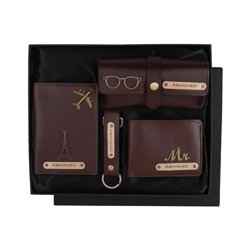 AICA Personalised Name & Charm Leather Gift Set for Men (Darkbrown) | Gifts for Men