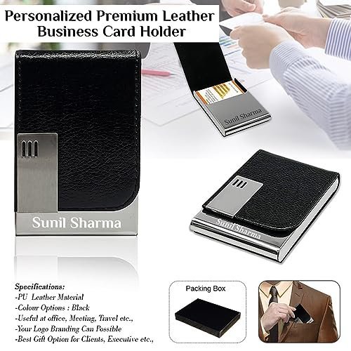 Giftana Personalized Card Holder with Name Engraved, PU Leather Steel Professional Business Card/Debit Credit Card Holders for Men, New Year Gift for Employees (1.5 x 9.5 x 6.5 cm – Black)