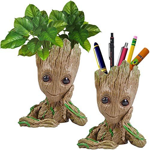 Unique Shape Marvel Avengers Infinity War Pot Groot Wooden Look Tree Flowerpot Cum Pen Container- Tree Man, 16 cm, White, 1 Piece